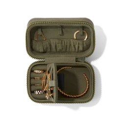 Frankie Jewelry Case In Dark Moss, Small 13 Frankie Jewelry Case In Dark Moss, Small -Hot Sale Dagne Dover Store Eco Jewelry Case Small Dark Moss Aerial Compartment Open Propped SUEDEcopy2